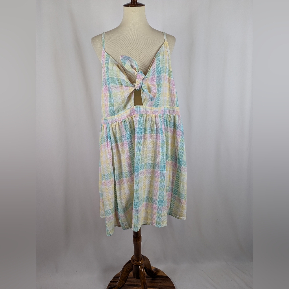 Old Navy Pastel Gingham Tie Front Dress Madras Fit Flare Smocked Plus Size 2X